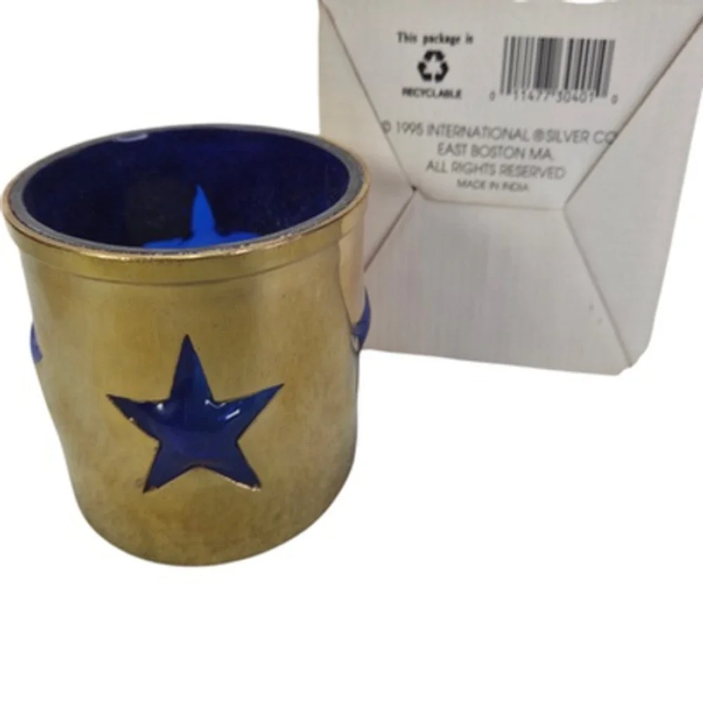 Solid Brass Star Pierced Votive Candle Holder With Blue Glass Intl Silver Co Vtg
